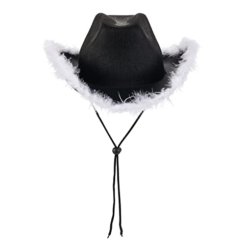 Himllauen Cowboy Hut Damen Pinker Cowboyhut Cowgirl Hut Kostüm für Cosplay Karneval Halloween Fasching Party Breite Krempe Flauschig Feder Hut (B Schwarz 2, Einheitsgröße) von Himllauen