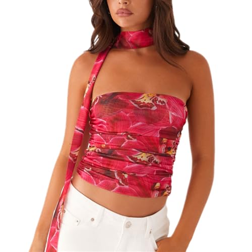 Himllauen Damen Bandeau Top mit Schal Ärmellose Elegant Blumendruck Tube Top Y2k Crop Tops Sommer Tops Slim Fit Oberteile Cute Clothes (Rot, S) von Himllauen