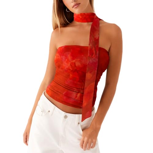 Himllauen Damen Bandeau Top mit Schal Ärmellose Elegant Blumendruck Tube Top Y2k Crop Tops Sommer Tops Slim Fit Oberteile Cute Clothes (Tiefrot, M) von Himllauen