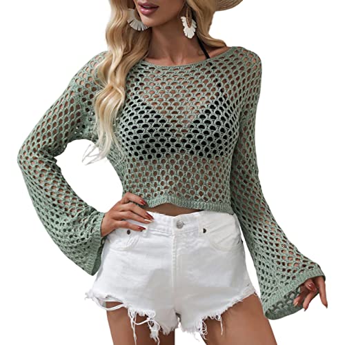 Himllauen Damen Strick Crop Top Crochet Tops Strickpullover Sexy Pullover Langarmshirt Y2K Elegant Tops Bikini Cover Up für Frauen (H Grün, M) von Himllauen