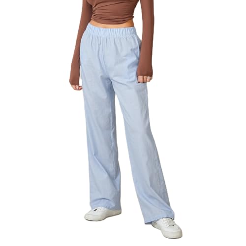 Himllauen Damen Freizeithose Gestreifte Baggy Hose Bequeme Hosen Leichte Sommerhose Jogginghose Pyjamahose (B Hellblau, L) von Himllauen