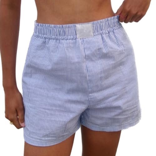 Himllauen Damen Gestreifte Pyjama Shorts Kurze Schlafhose Elastische Taille Kurze Hose mit Taschen Sommer Nachtwäsche (Hellblau, m) von Himllauen