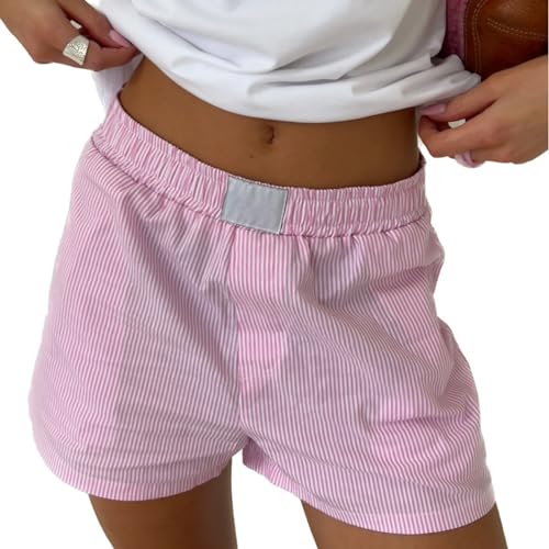 Himllauen Damen Gestreifte Pyjama Shorts Kurze Schlafhose Elastische Taille Kurze Hose mit Taschen Sommer Nachtwäsche (Hellrosa, m) von Himllauen