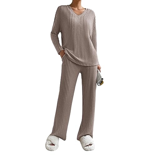 Himllauen Damen Gestrickt Loungewear Langarm Oversize Oberteil + Weite Hose Zweiteiler Pyjamas Set Schlafanzug für Damen (B Dunkelkhaki, S) von Himllauen