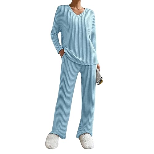 Himllauen Damen Gestrickt Loungewear Langarm Oversize Oberteil + Weite Hose Zweiteiler Pyjamas Set Schlafanzug für Damen (B Hellblau, L) von Himllauen