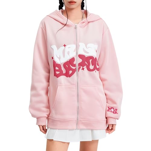 Himllauen Damen Hoodie Y2k Zipper Hoody Kapuzenpullover Oversize Sweatjacke mit Kapuze Mädchen Zip Up Sweatshirt (A Rosa, L) von Himllauen