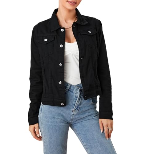 Himllauen Damen Jeansjacke Y2k Cropped Jacke Basic Einfarbige Jeansjacke mit Taschen Fashion Streetwear Aesthetic Clothes für Frauen Mädchen (Schwarz, S) von Himllauen