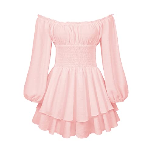 Himllauen Damen Kleid Schulterfreie Kurze Kleider Kurzarm/Langarm Rüschen ​Puffärmel A Linie Einteiler für Damen Mädchen (Rosa Langarm, S) von Himllauen