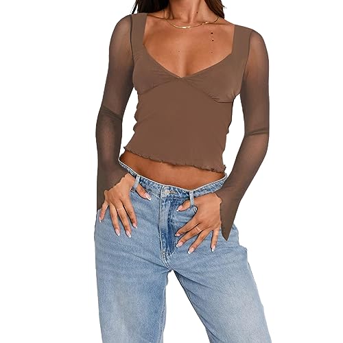 Himllauen Damen Langarmshirt Einfarbig Sheer Mesh Crop Top Langarm Shirt Long Sleeve Shirts Streetwear (Braun, L) von Himllauen