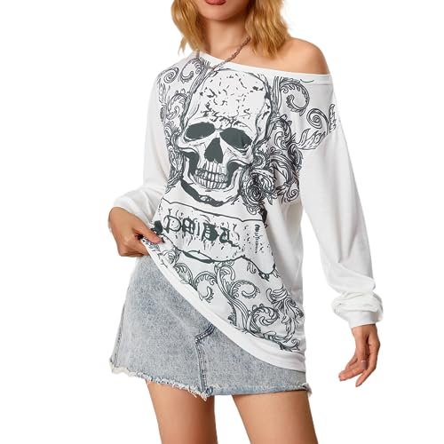 Himllauen Damen Langarmshirt Print Langarm Shirt Sweatshirt Vintage Crop Tops Y2k Gothic Punk Grunge E-Girl Clothes für Frauen Mädchen (C1 Weiß, M) von Himllauen