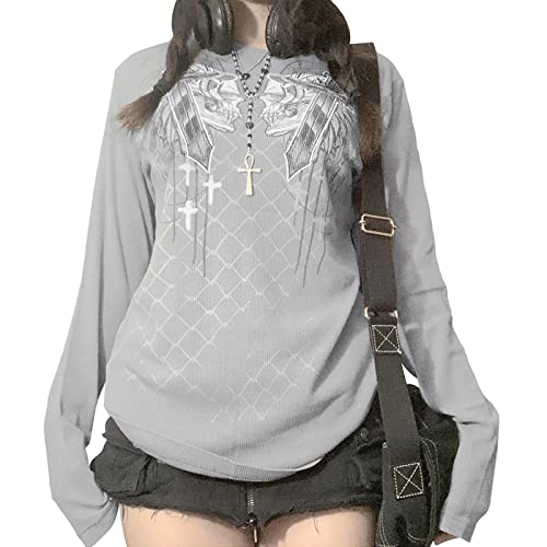Himllauen Damen Langarmshirt Print Langarm Shirt Sweatshirt Vintage Crop Tops Y2k Gothic Punk Grunge E-Girl Clothes für Frauen Mädchen (L1 Grau, M) von Himllauen