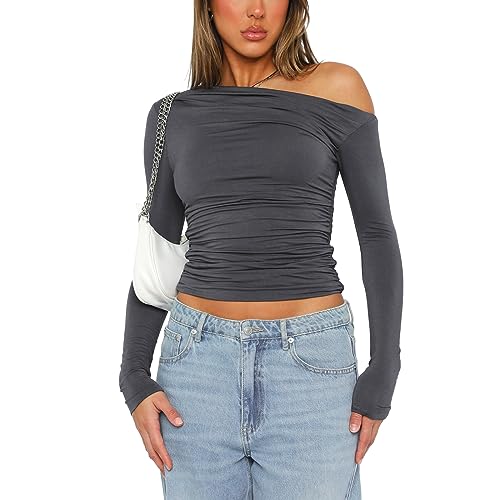 Himllauen Damen Langarmshirt Schulterfrei Crop Top Einfarbig Slim Fit Shirt Frauen Frühling Herbst Fashion Oberteile (A Dunkelgrau, L) von Himllauen