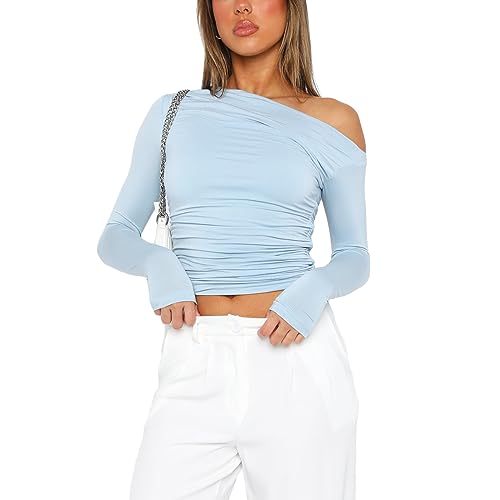 Himllauen Damen Langarmshirt Schulterfrei Crop Top Einfarbig Slim Fit Shirt Frauen Frühling Herbst Fashion Oberteile (A Hellblau, M) von Himllauen