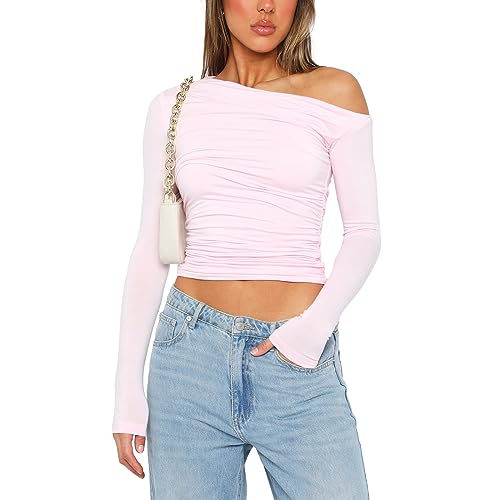 Himllauen Damen Langarmshirt Schulterfrei Crop Top Einfarbig Slim Fit Shirt Frauen Frühling Herbst Fashion Oberteile (A Rosa, M) von Himllauen