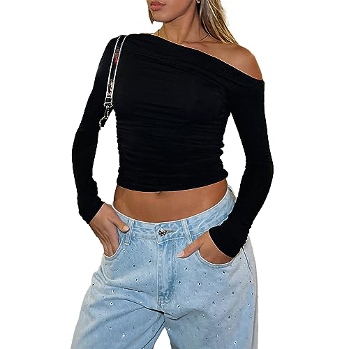 Himllauen Damen Langarmshirt Schulterfrei Crop Top Einfarbig Slim Fit Shirt Frauen Frühling Herbst Fashion Oberteile (A Schwarz, M) von Himllauen