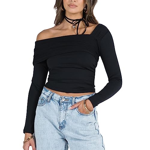 Himllauen Damen Langarmshirt Schulterfrei Crop Top Einfarbig Slim Fit Shirt Frauen Frühling Herbst Fashion Oberteile (C Schwarz, L) von Himllauen