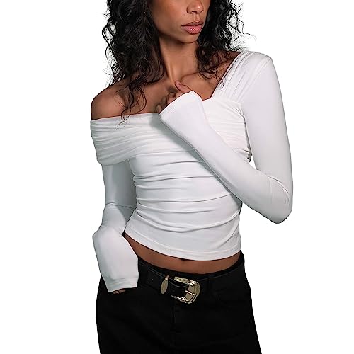 Himllauen Damen Langarmshirt Schulterfrei Crop Top Einfarbig Slim Fit Shirt Frauen Frühling Herbst Fashion Oberteile (C Weiß, L) von Himllauen