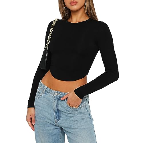 Himllauen Damen Langarmshirt Sexy Crop Top Bauchfreies Oberteil Y2k Slim Fit Tops Einfarbig Langarm T-Shirt (A Schwarz, S) von Himllauen