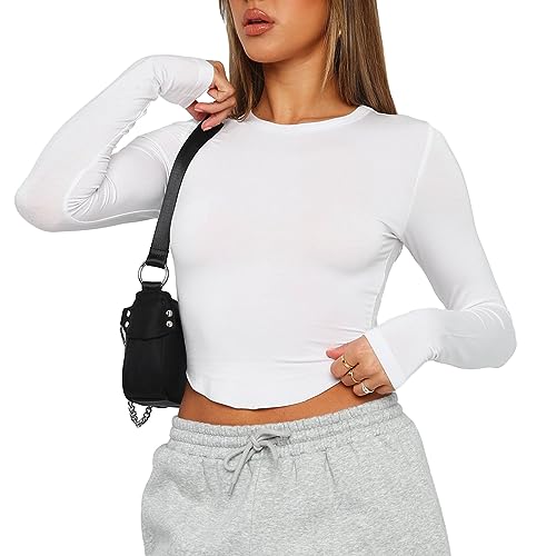 Himllauen Damen Langarmshirt Sexy Crop Top Bauchfreies Oberteil Y2k Slim Fit Tops Einfarbig Langarm T-Shirt (A Weiß, S) von Himllauen