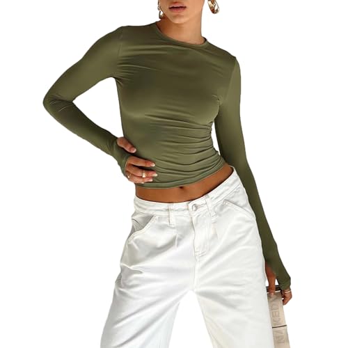 Himllauen Damen Langarmshirt Slim Fit Einfarbig Langarm Shirt Y2k Clothes Elegant Sexy Crop Tops Sport Yoga Longsleeve für Frauen Mädchen (A Armeegrün, M) von Himllauen