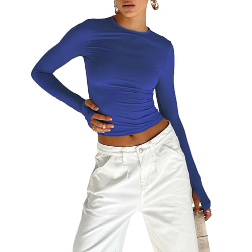 Himllauen Damen Langarmshirt Slim Fit Einfarbig Langarm Shirt Y2k Clothes Elegant Sexy Crop Tops Sport Yoga Longsleeve für Frauen Mädchen (A Blau, L) von Himllauen