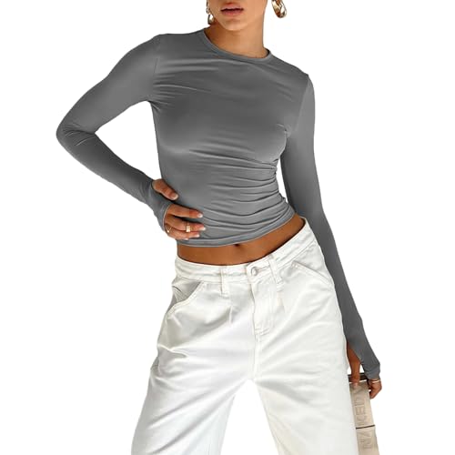 Himllauen Damen Langarmshirt Slim Fit Einfarbig Langarm Shirt Y2k Clothes Elegant Sexy Crop Tops Sport Yoga Longsleeve für Frauen Mädchen (A Dunkelgrau, M) von Himllauen