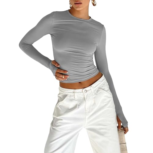 Himllauen Damen Langarmshirt Slim Fit Einfarbig Langarm Shirt Y2k Clothes Elegant Sexy Crop Tops Sport Yoga Longsleeve für Frauen Mädchen (A Hellgrau, S) von Himllauen