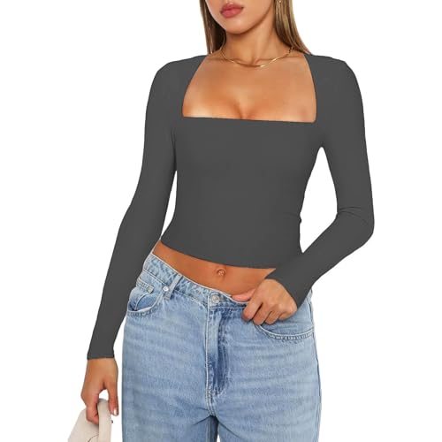 Himllauen Damen Langarmshirt Y2k Crop Top Sexy Slim Fit Tops Basic Einfarbig Oberteile Fashion Langarm Shirt für Frauen Mädchen (C1 Dunkelgrau, S) von Himllauen