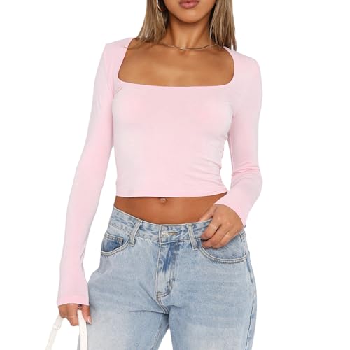 Himllauen Damen Langarmshirt Y2k Crop Top Sexy Slim Fit Tops Basic Einfarbig Oberteile Fashion Langarm Shirt für Frauen Mädchen (C1 Rosa, M) von Himllauen