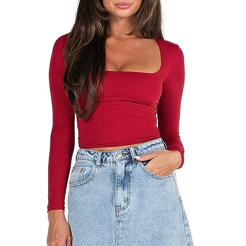 Himllauen Damen Langarmshirt Y2k Crop Top Sexy Slim Fit Tops Basic Einfarbig Oberteile Fashion Langarm Shirt für Frauen Mädchen (C1 Rot, M) von Himllauen