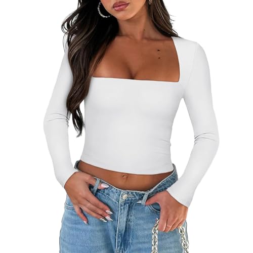 Himllauen Damen Langarmshirt Y2k Crop Top Sexy Slim Fit Tops Basic Einfarbig Oberteile Fashion Langarm Shirt für Frauen Mädchen (C1 Weiß, M) von Himllauen