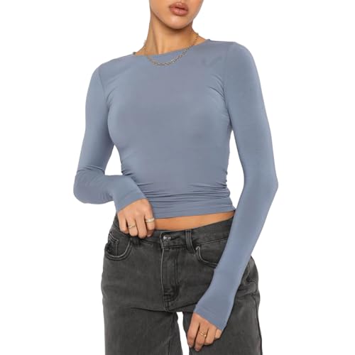 Himllauen Damen Langarmshirt Y2k Slim Fit Einfarbig Langarm Shirt Elegant Sexy Crop Tops Y2k Clothes Fashion Longsleeve für Frauen Mädchen (B Hellblau, L) von Himllauen