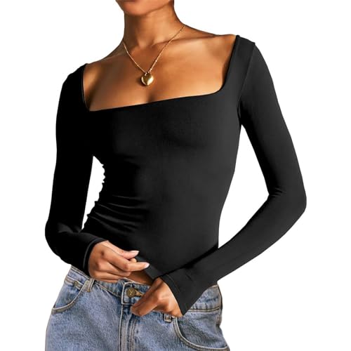 Himllauen Damen Langarmshirt Y2k Slim Fit Langarm Einfarbig Shirt Y2k Clothes Elegant Crop Tops Frühling Herbst Longsleeve (A Schwarz, L) von Himllauen