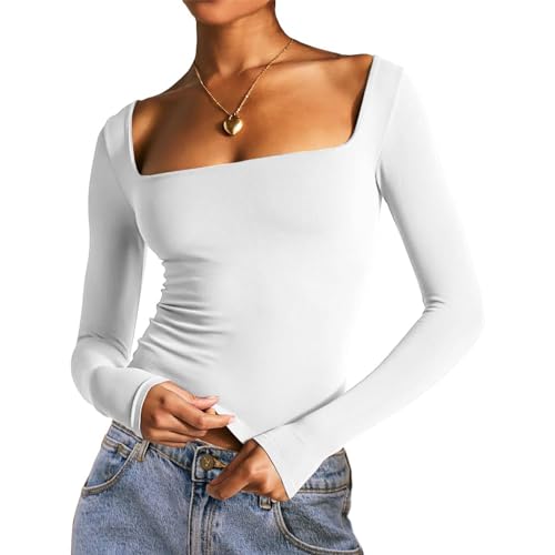 Himllauen Damen Langarmshirt Y2k Slim Fit Langarm Einfarbig Shirt Y2k Clothes Elegant Crop Tops Frühling Herbst Longsleeve (A Weiß, S) von Himllauen