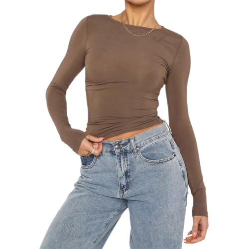 Himllauen Damen Langarmshirt Y2k Tops Sexy Oberteil Einfarbig Sweatshirt Langarm Crop Top Y2K Aesthetic Clothes Slim Oberteile Langarm Shirt (E Braun, M) von Himllauen