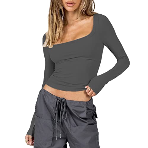 Himllauen Damen Langarmshirt Y2k Tops Sexy Oberteil Einfarbig Sweatshirt Langarm Crop Top Aesthetic Clothes Slim Shirt (F Grau, S) von Himllauen