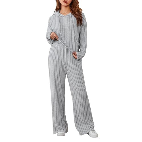 Himllauen Damen Lounge Set Gestrickt Langarm Oversize Oberteil + Weite Hose Zweiteiler Outfit Pyjama Set Loungewear Schlafanzug Hausanzug Jogginganzug (C Grau mit Kapuze, M) von Himllauen