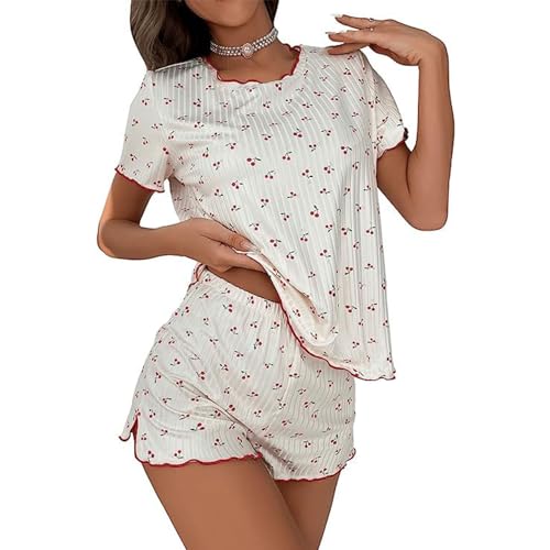 Himllauen Damen Lounge Set Kurz Pyjama T-Shirt Top Shorts Zweiteiler Outfit Sommer Elegant Sexy Schlafanzug Y2k Clothes (D Rote Kirschen, M) von Himllauen