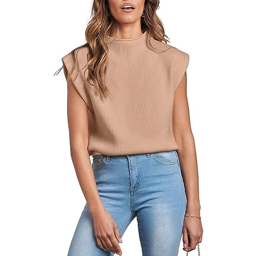 Himllauen Damen Pullunder Basic Strickpullunder mit Stehkragen Loose Fit Ärmellose Strickweste Strick Tank Top (A Khaki, L) von Himllauen