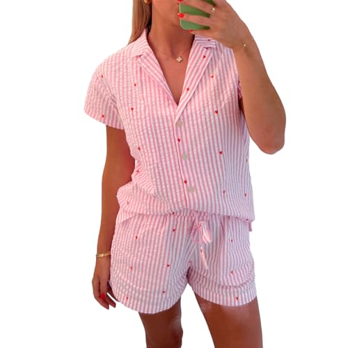 Himllauen Damen Pyjama Set Kurz Schlafanzug Kurzarm Shirt Shorts Zweiteiler Outfit Sommer Y2k Lounge Set (A Rosa Weiß Streifen, XL) von Himllauen