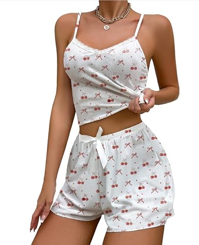 Himllauen Damen Pyjama Set​ Kurz Schlafanzug Loungewear Floral Print Top und Shorts Sommer Lounge Set Y2k Shorts Set Cute Clothes (Weiß Kirsche, S) von Himllauen