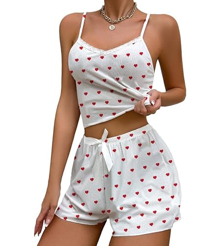 Himllauen Damen Pyjama Set​ Kurz Schlafanzug Loungewear Floral Print Top und Shorts Sommer Lounge Set Y2k Shorts Set Cute Clothes (Weiß Liebe, L) von Himllauen