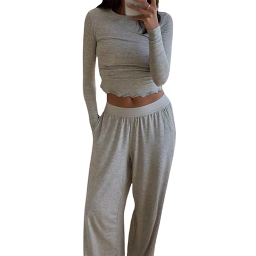 Himllauen Damen Pyjama Set Slim Fit Langarm Crop Top und Baggy Hose Floral Print Lounge Set Schlafanzug Loungewear Set Y2k Clothes (B Grau, L) von Himllauen