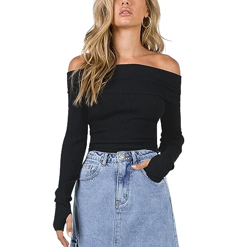 Himllauen Damen Schulterfrei Pullover Einfarbig Gerippt Langarm Pulli Off Shoulder Strickpullover Y2k Crop Top (A Schwarz, S) von Himllauen