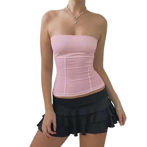 Himllauen Damen Schulterfrei Tube Top Y2K Crop Top Sommer Ärmellos Vintage Bandeau Top Slim Fit Sexy Crop Top Elegant Oberteil Aesthetic Clothes für Frauen Mädchen (K Rosa, S) von Himllauen