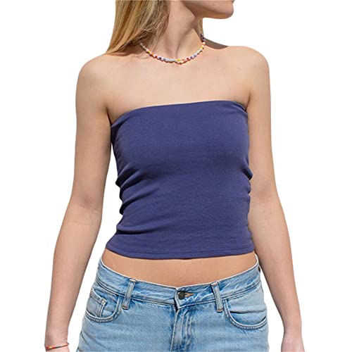 Himllauen Damen Schulterfrei Tube Top Y2K Crop Top Sommer Ärmellos Vintage Bandeau Top Slim Sexy Crop Top Elegant Oberteil Aesthetic Clothes für Frauen Mädchen (G Blau, L) von Himllauen