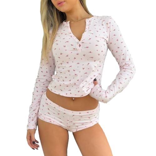 Himllauen Damen Shorts Set Pyjama Set Lounge Set Slim Fit Langarmshirt und Shorts Zweiteiler Y2k Sommer Elegant Outfit Schlafanzug Pyjama Sets (B Rosa, XL) von Himllauen