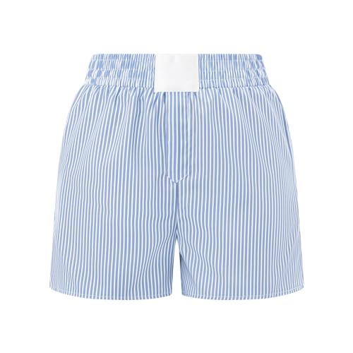 Himllauen Damen Shorts Sommer Karo Print Shorts Y2k Lounge Shorts Kurze Schlafshorts Pyjamashorts (C Gestreift Hellblau, M) von Himllauen