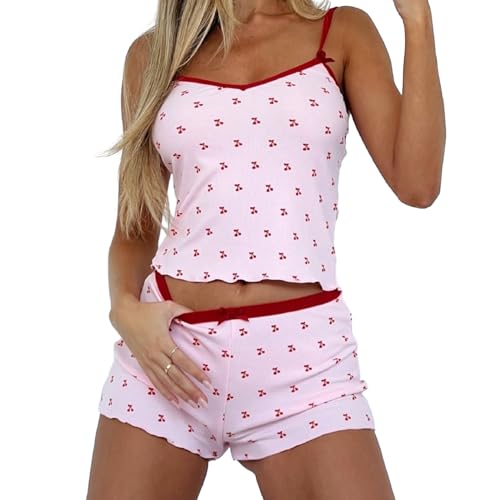 Himllauen Damen Sommer Pyjama Set Kurz Schlafanzug Träger Top + Shorts Zweiteiler Outfit Lounge Set (A Rosa, M) von Himllauen