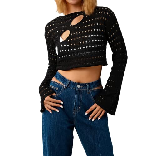 Himllauen Damen Strick Crop Top Crochet Tops Strickpullover Sexy Pullover Langarmshirt Y2K Elegant Tops Bikini Cover Up für Frauen (A Schwarz, L) von Himllauen